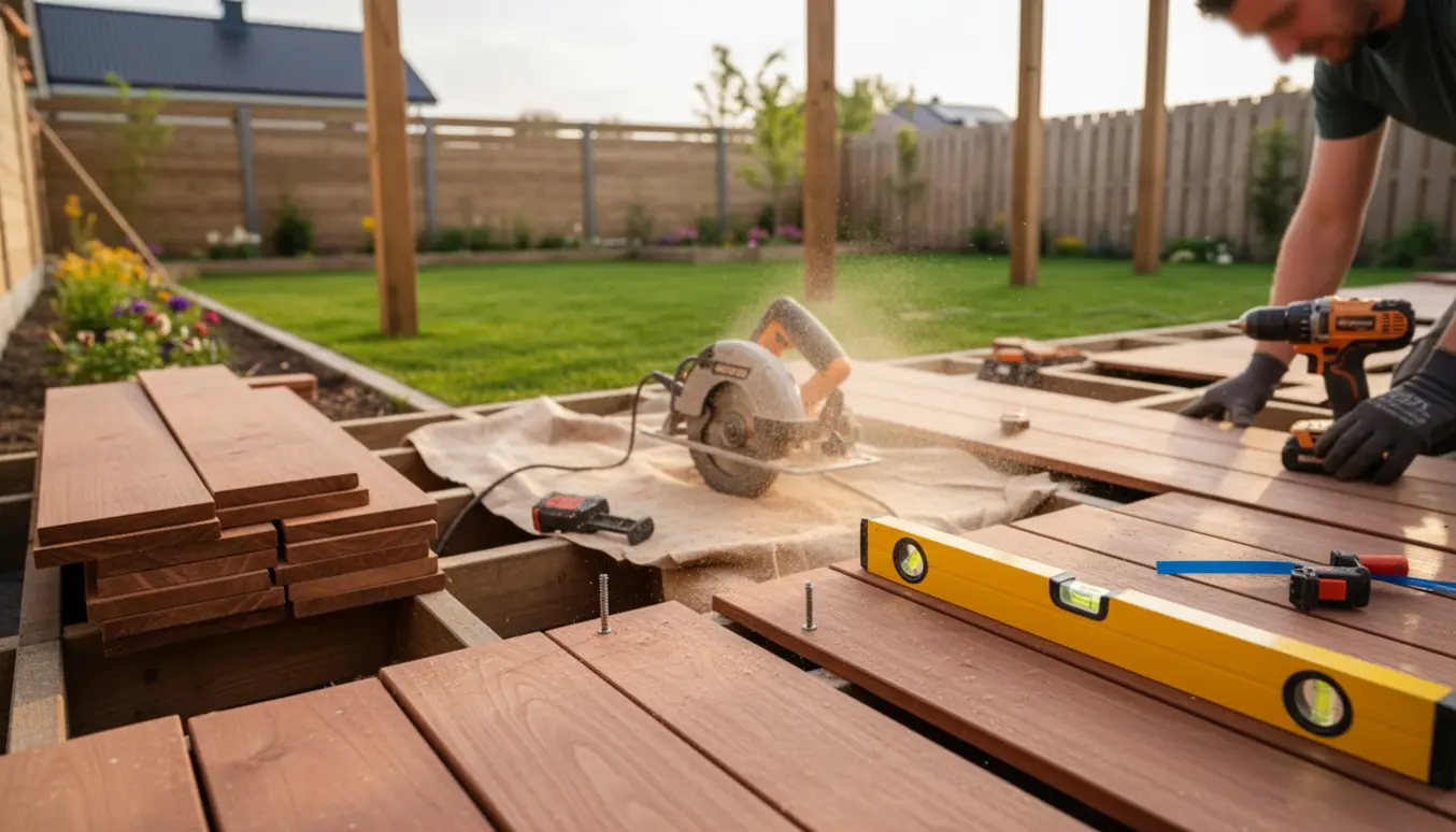 Træterasse under opbygning i en lille baghave med værktøj og håndværkerhænder i fokus.