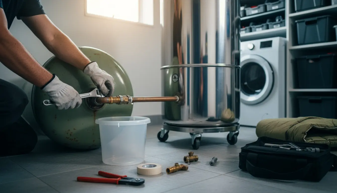 En håndværker afmonterer en gammel varmtvandsbeholder og forbereder installation af en ny i et teknikrum.