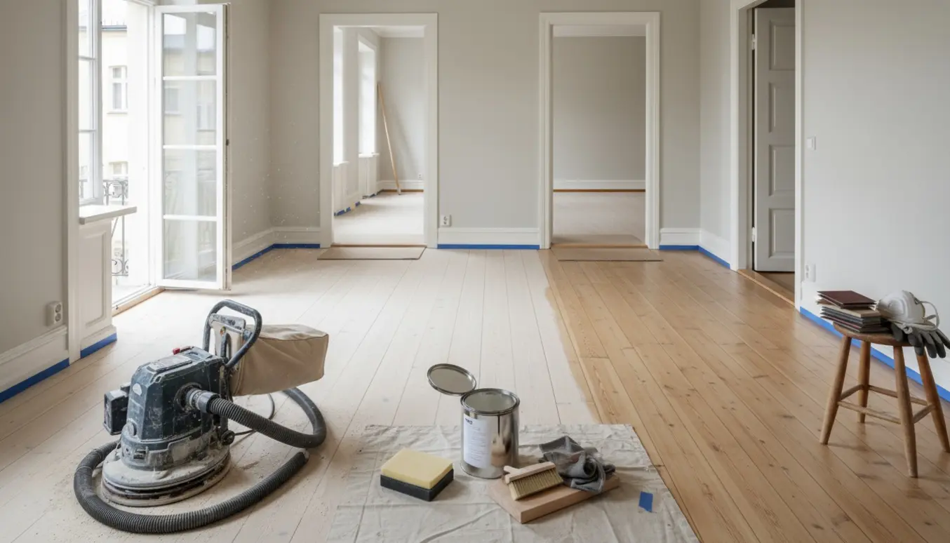 Skrubbede og oliebehandlede trægulve i en lys lejlighed med slibemaskine og påføringsværktøj.