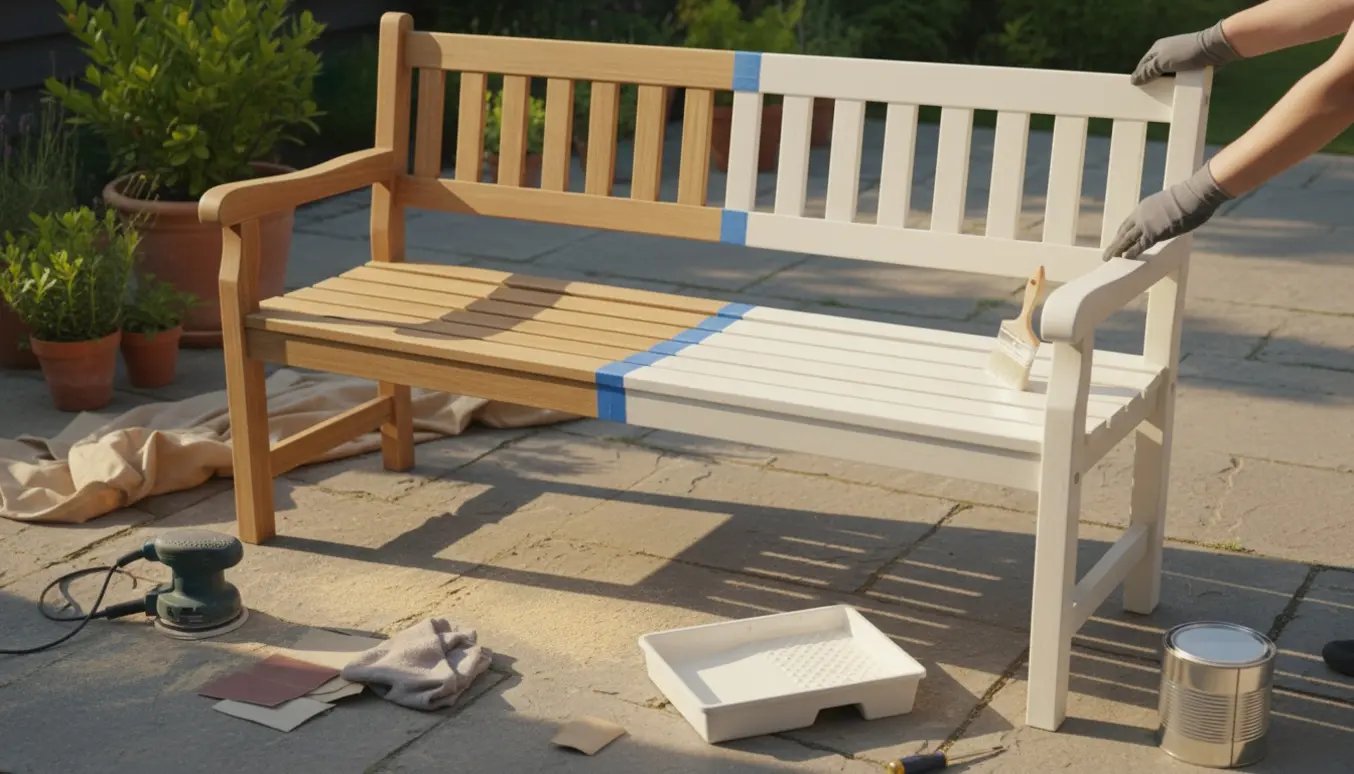 Nærbillede af en bænk under slibning og maling med handsker og pensel.