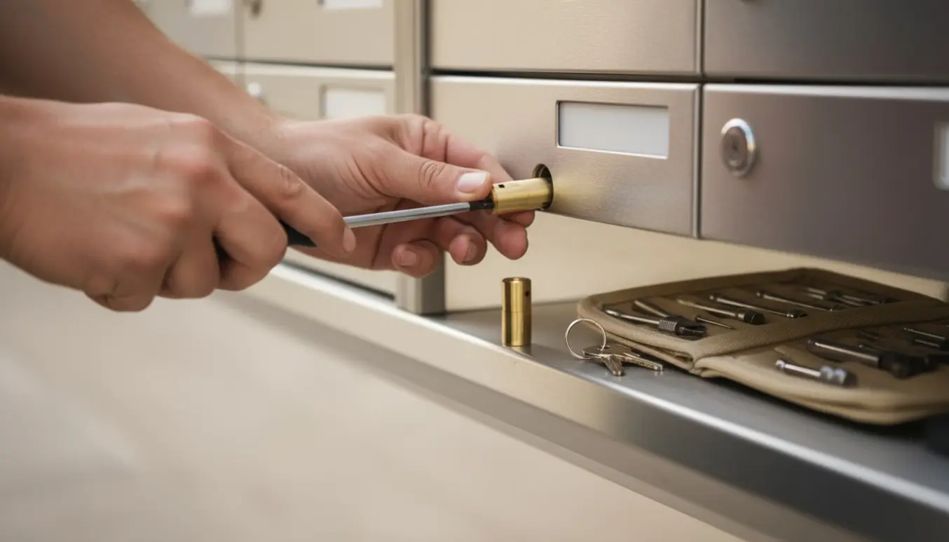 Hænder på en låsesmed udskifter en cylinderlås i en udendørs række af postkasser.