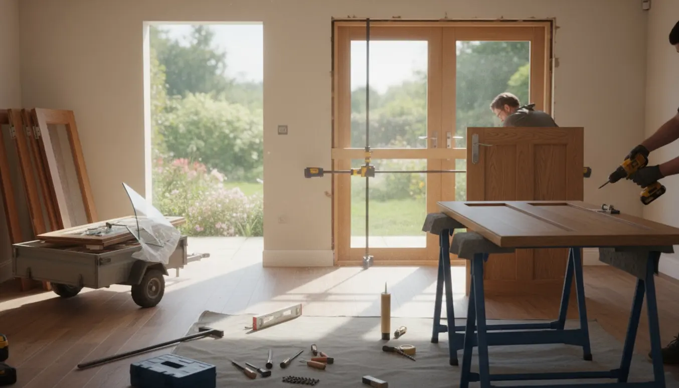 Udskiftning af to træ-terrassedøre med nye døre klar til montering og de gamle stablet til bortskaffelse.