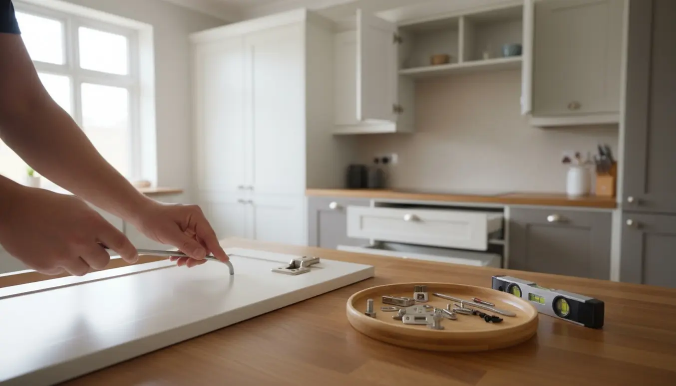 Hænder justerer hængsler og skuffer i et moderne køkken med værktøj på bordet.