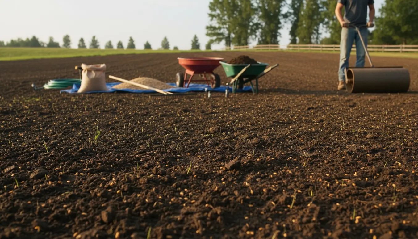 Nyligt forberedt stor jordflade med redskaber og en person, der glatter jorden med en plænerulle klar til såning.