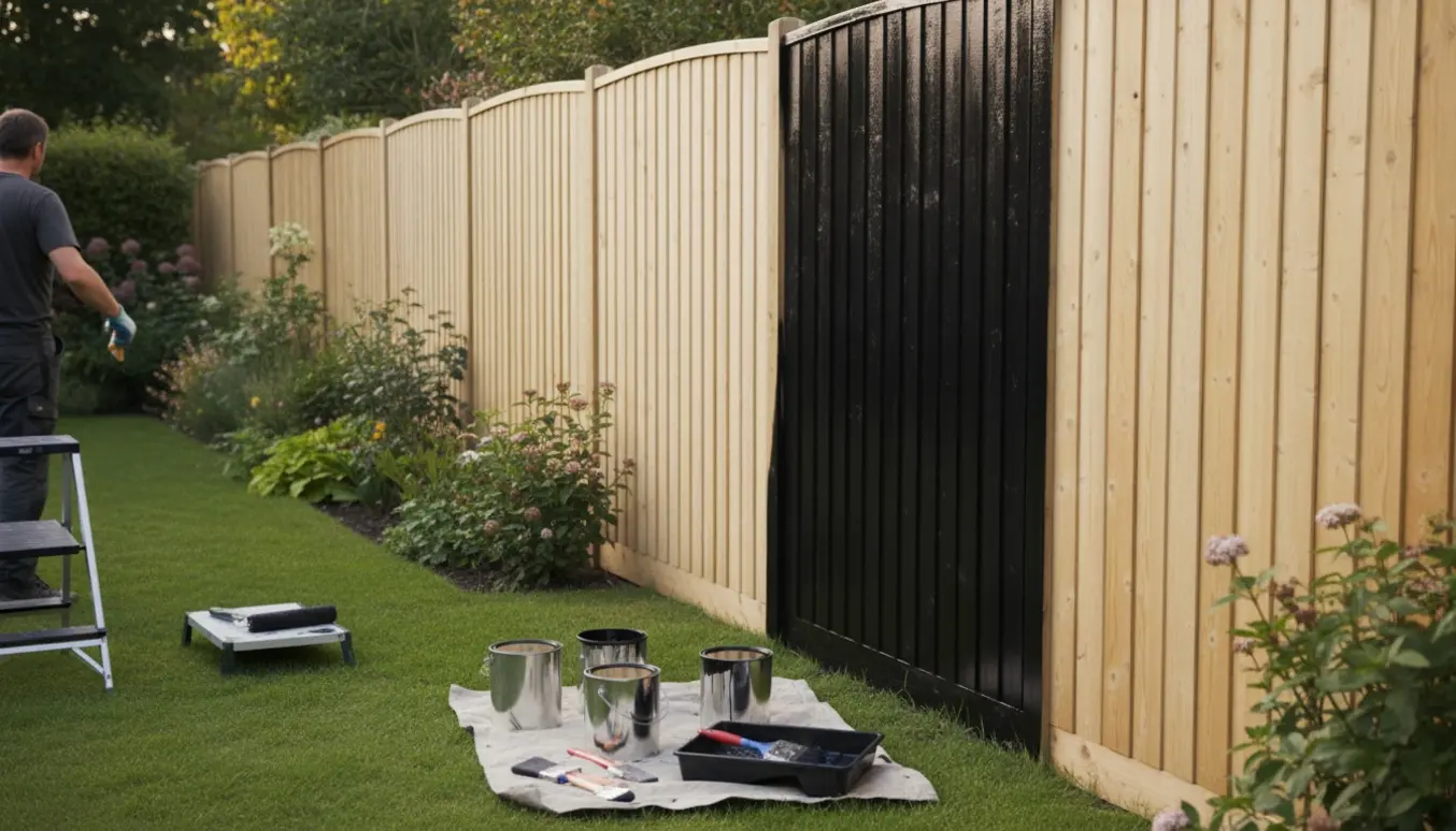 Et slebet plankeværk, delvist malet sort, med pensler og malerbøtter ved en græsplæne og beplantning.