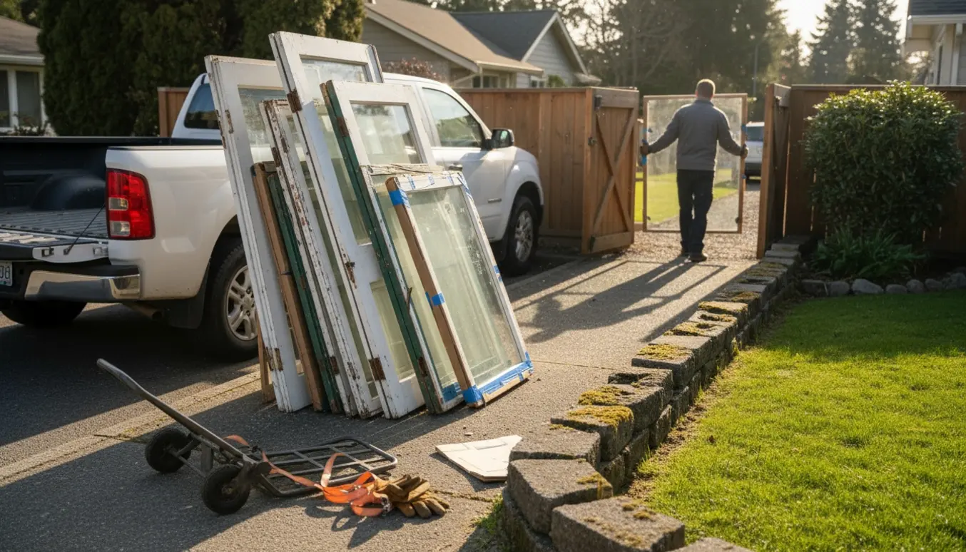 Gamle døre og vinduesrammer lagt til bortkørsel ved vejen, mens en person i baghaven bærer en glasplade.