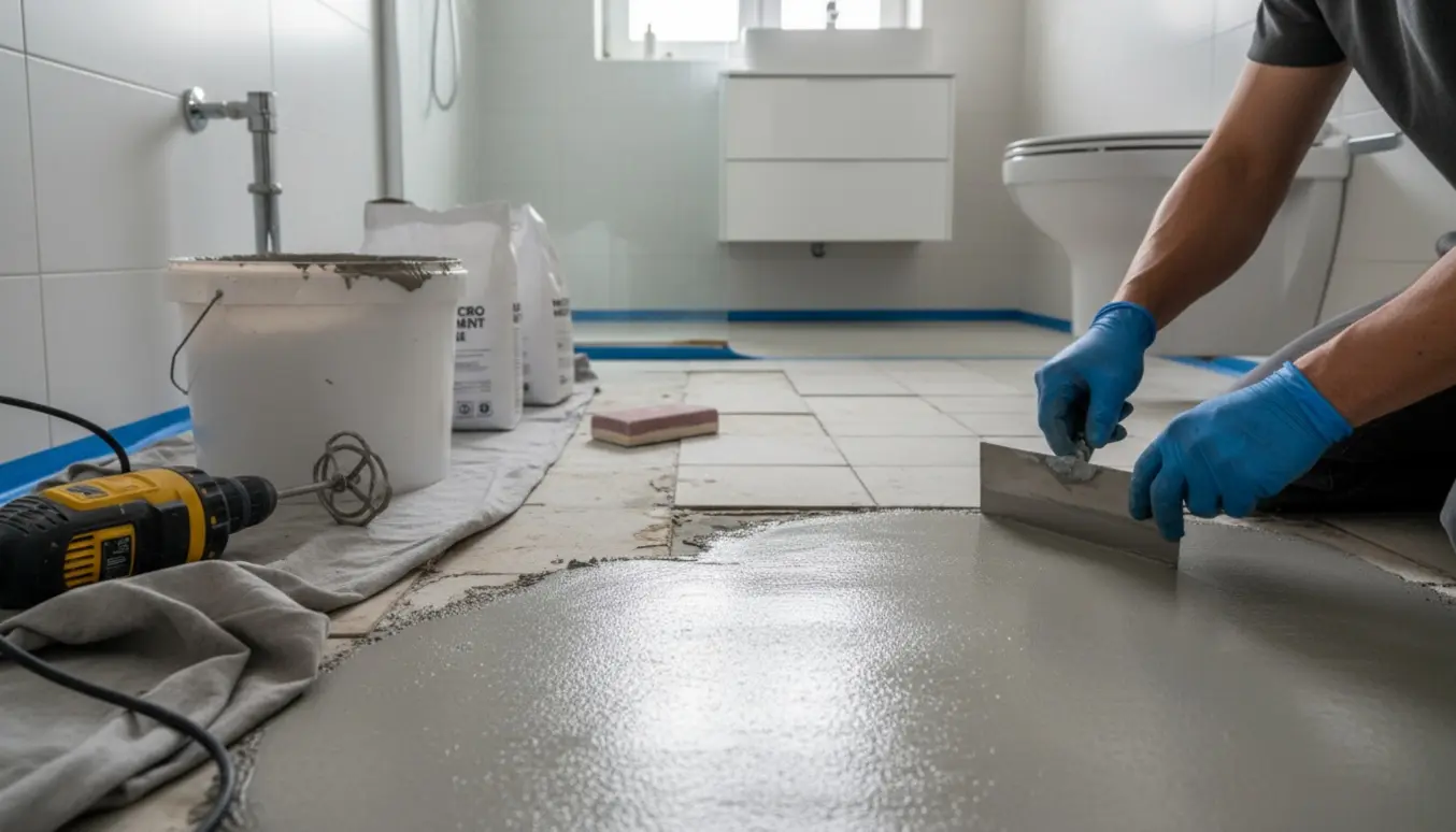 Nærbillede af påføring af grå microcement på et lille badeværelsesgulv med synlige fliser og værktøj.