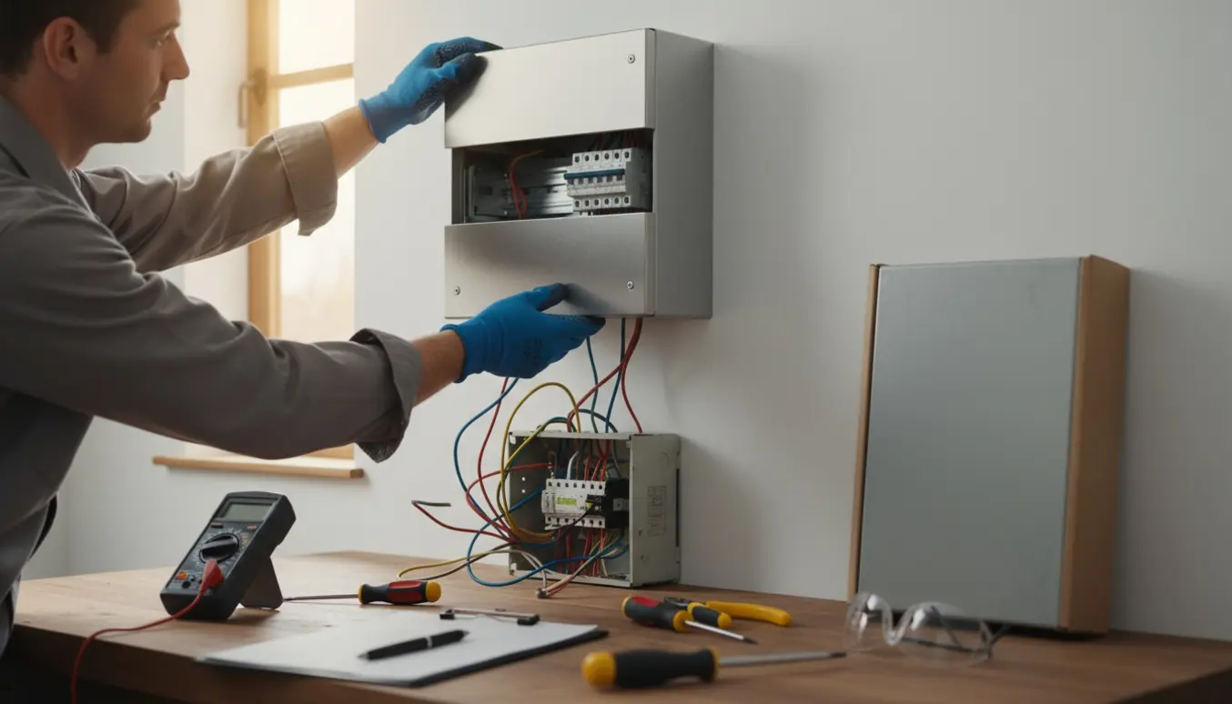 Elektriker med handsker installerer en ny el-tavle i et rent teknikrum.