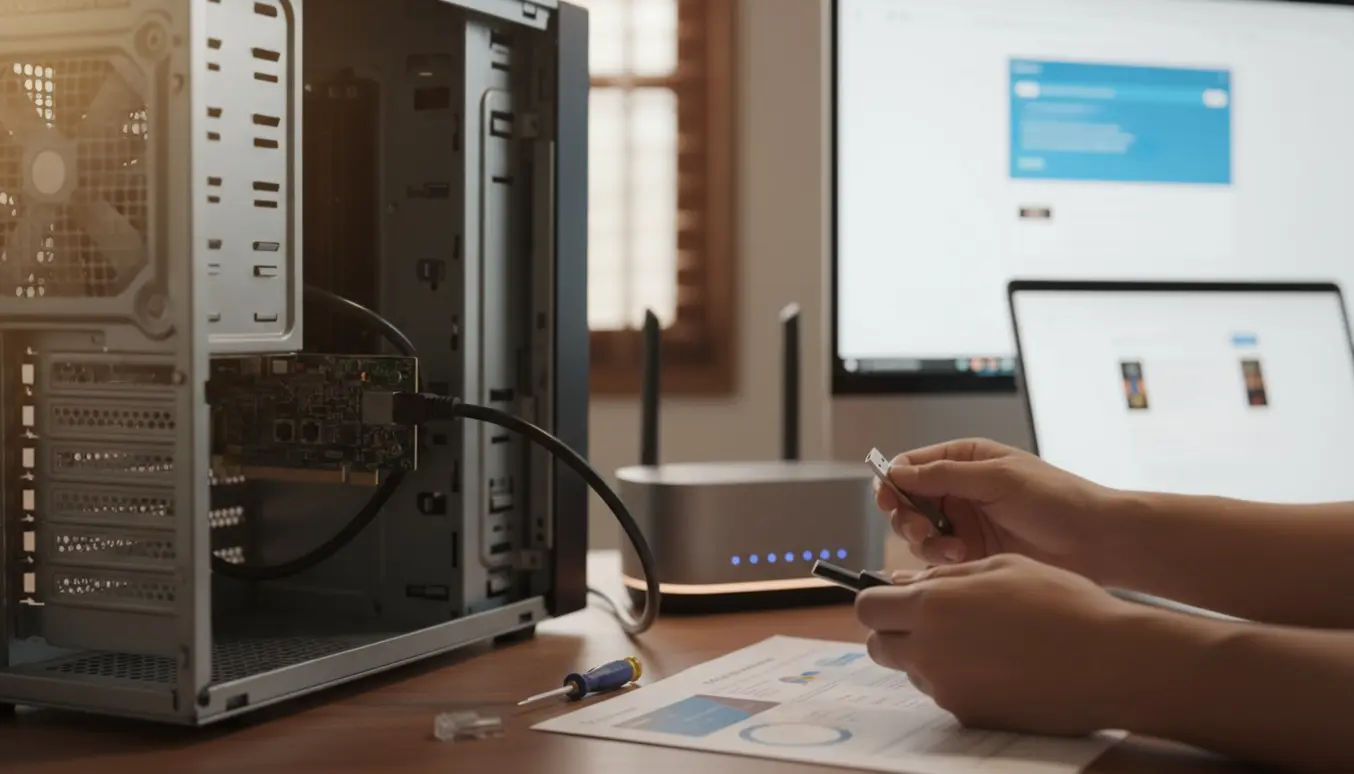 Stationær pc med åben kabinet, tilsluttet netværkskabel og USB-stick på skrivebordet, mens en tekniker fejlsøger uden at vise ansigt.