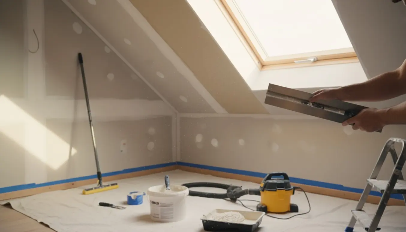 Spartling og slibning af gips skråvæg med spartel, slibestang og grunder i et lyst rum.