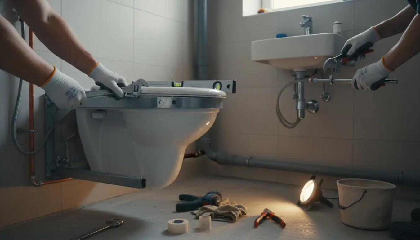 Hænder tilslutter et væghængt toilet og en lille håndvask i en kælder med værktøj og rør omkring.