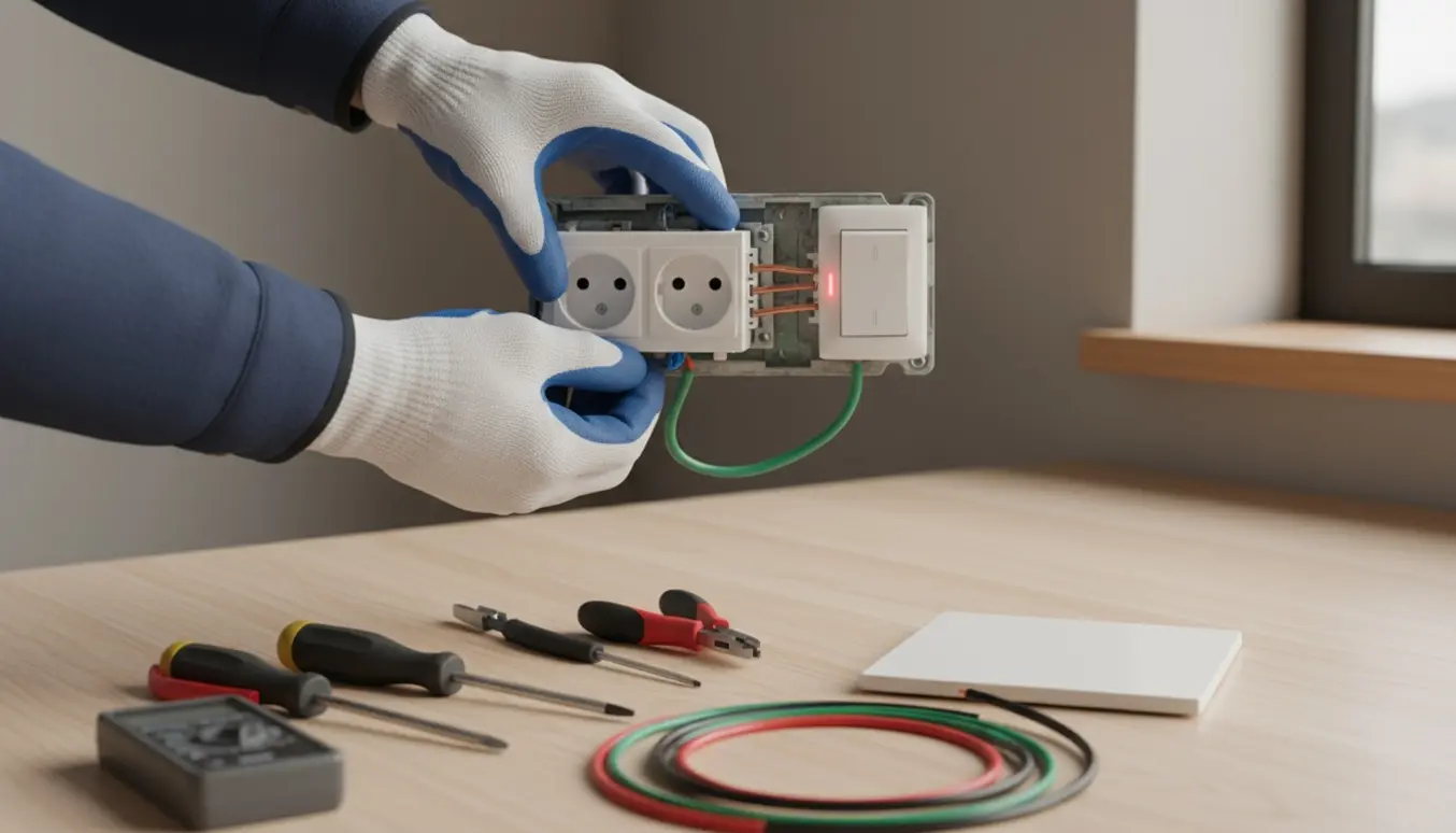 Hænder monterer en tredobbelt stikkontakt og udskifter en tænd-/slukknap med rød lysindikator.