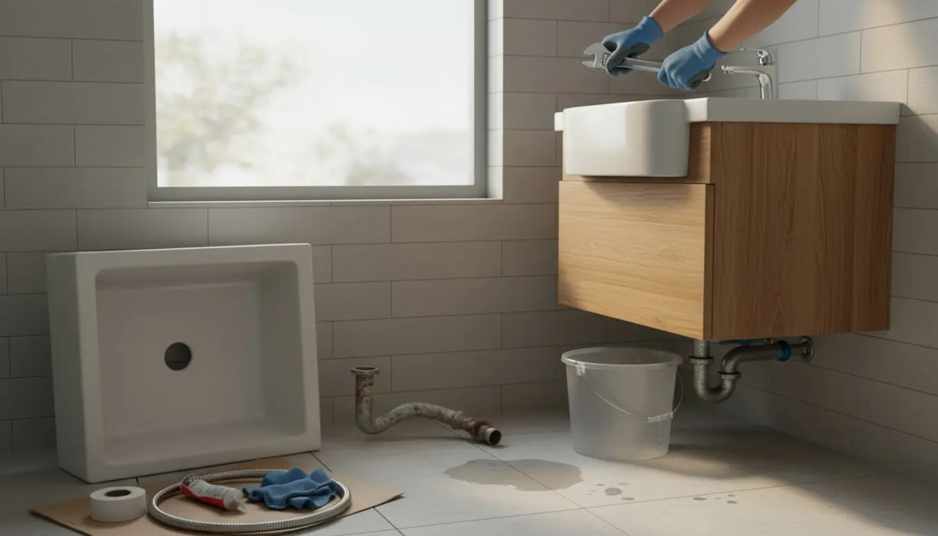 Montering af nyt lille badeværelsesmøbel med hænder, der strammer en kromvandhane, afmonteret afløbsrør og værktøj på fliserne.