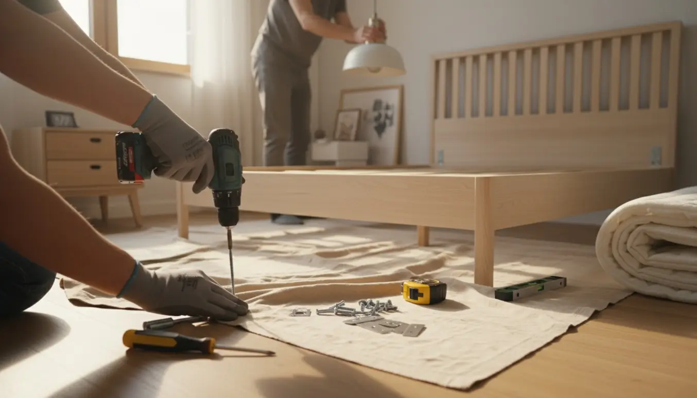 Hænder samler en seng og monterer en loftslampe i et lyst, ryddeligt soveværelse.