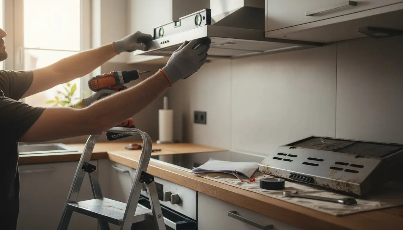 Hænder monterer en ny rustfri emhætte i et lyst køkken uden synligt ansigt.