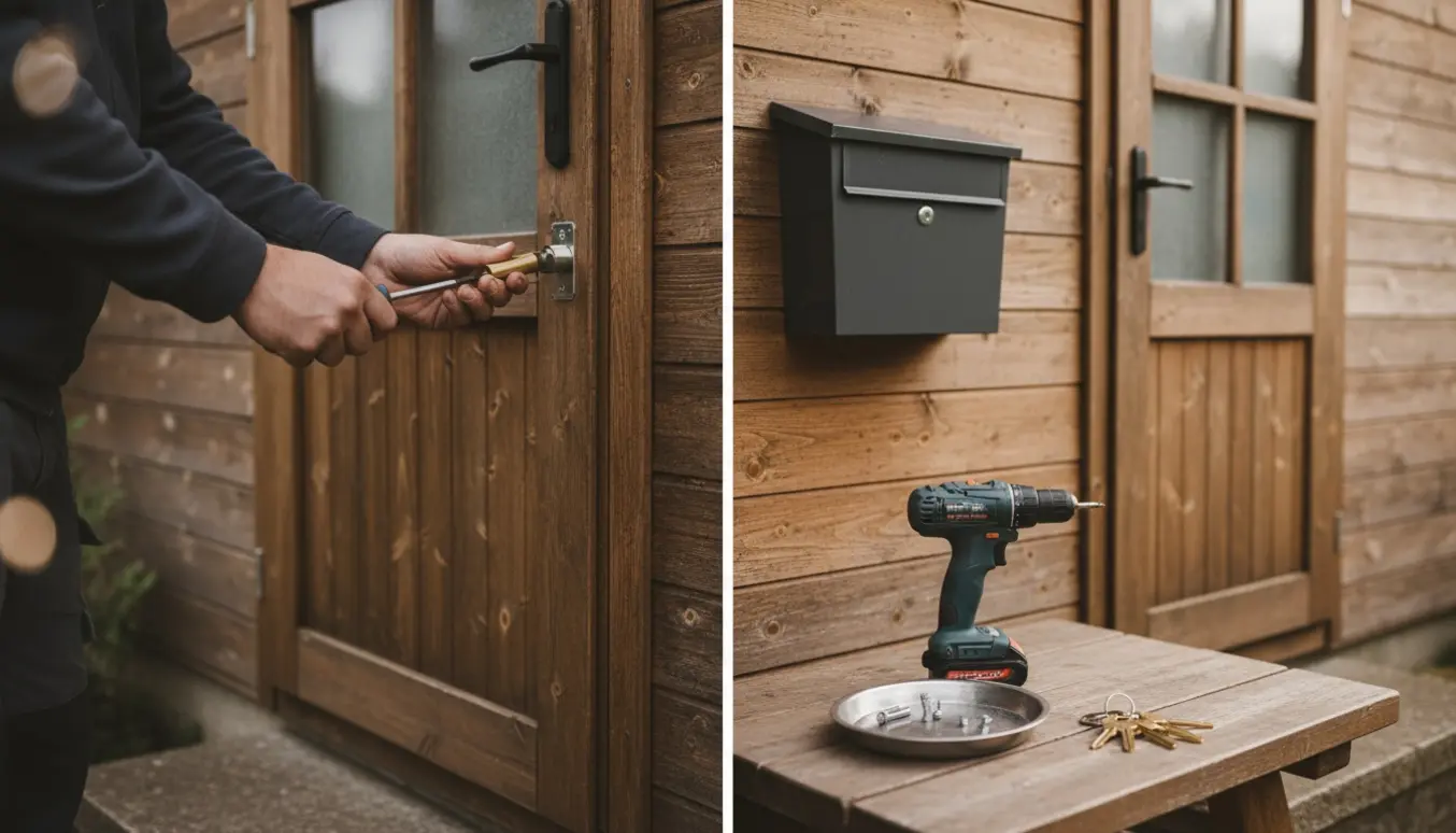 Håndværker skifter låsecylinder på sommerhusdør med postkasse og fire matchende nøgler.