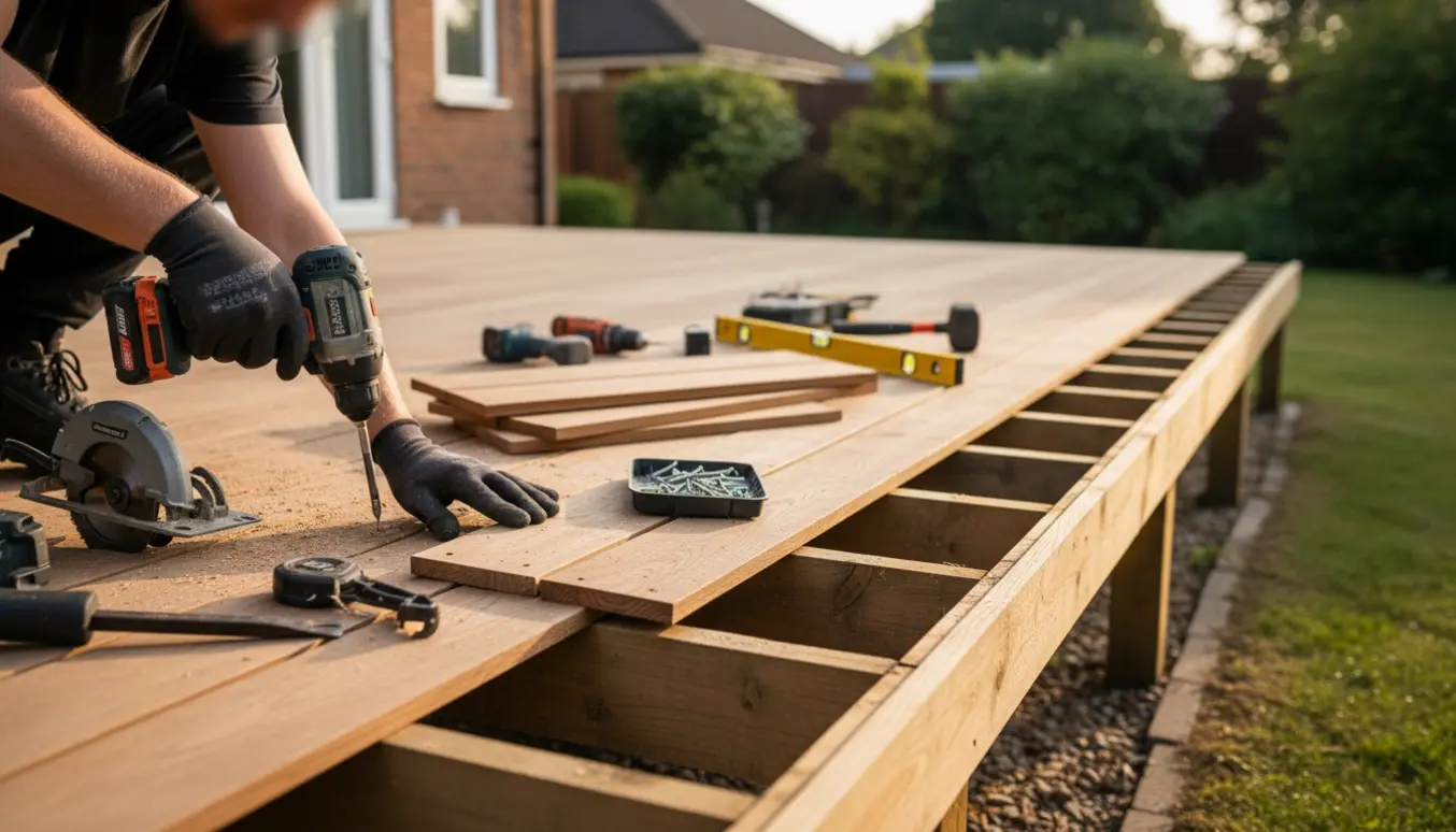 Håndværker udskifter ødelagte terrassebrædder ved kanten af en træterrasse med nye brædder og værktøj klar.