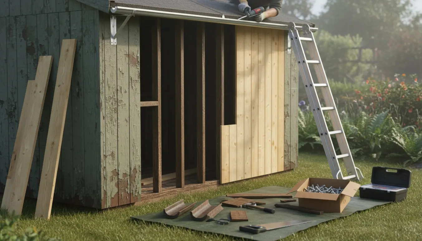 Reparation af haveskur med udskiftning af rådne brædder og reparation af tagrende.