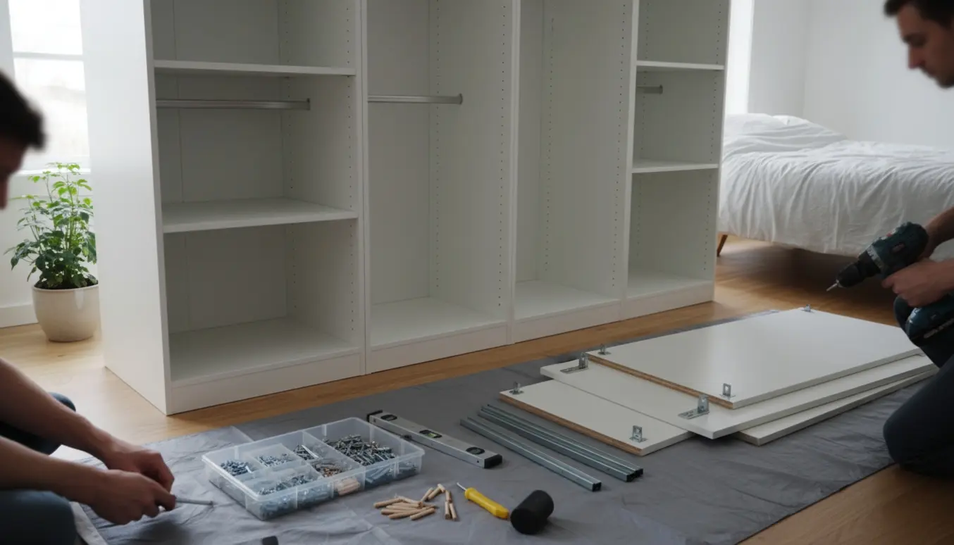 Delvist samlet Ilva Cabina-garderobeskab i et lyst soveværelse, hænder monterer hængsler og hylder.