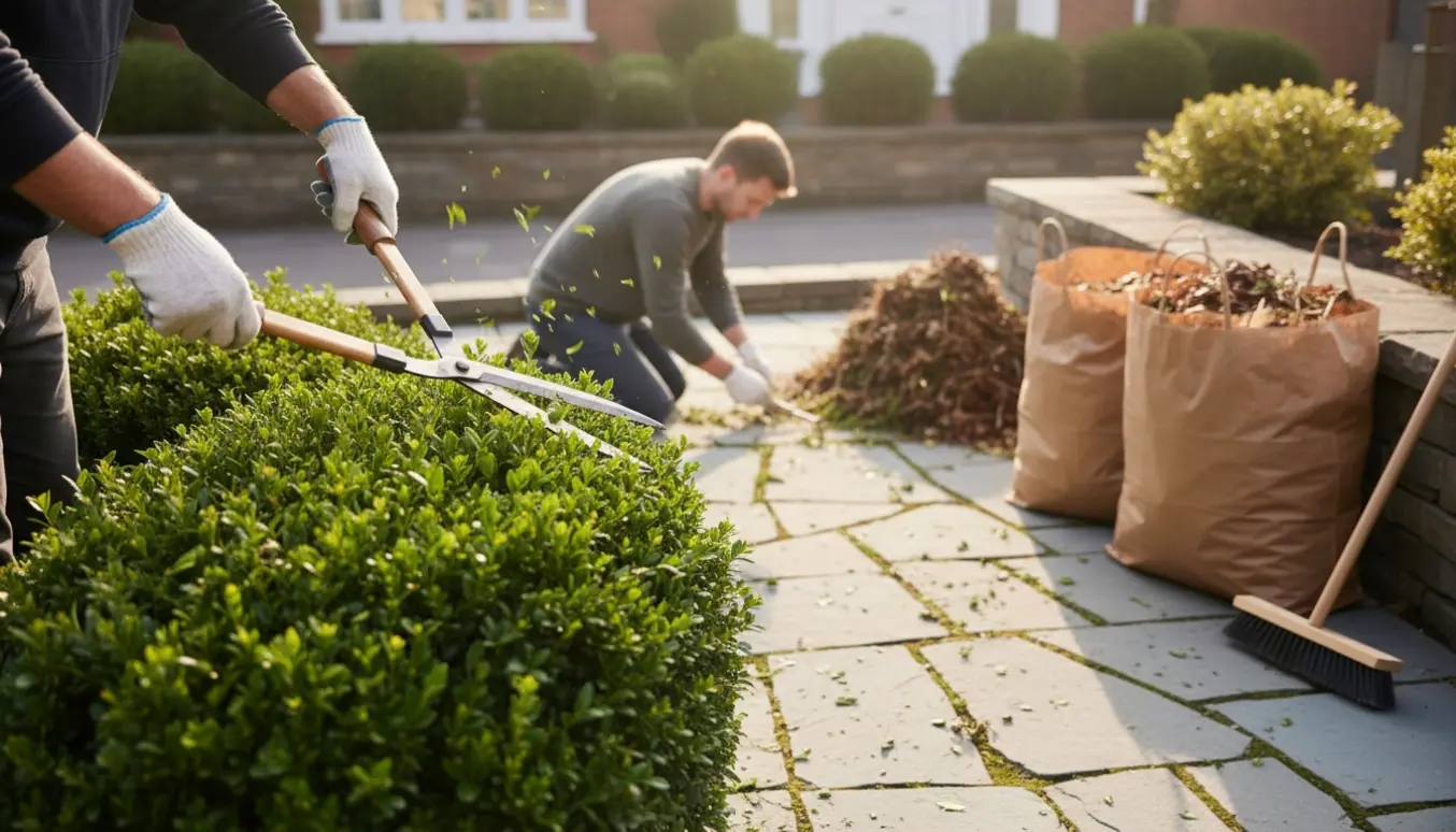 Forhave med beskårne buske, rensede fliser, en lille bunke haveaffald og to fyldte poser.