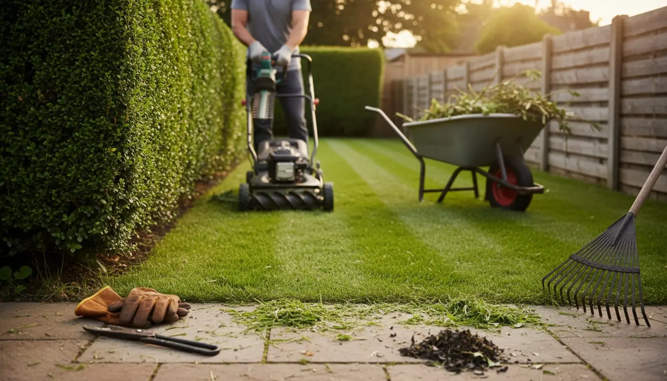 Havemand set bagfra trimmer hæk og slår græs i en solbelyst have med værktøj og afklip i forgrunden.