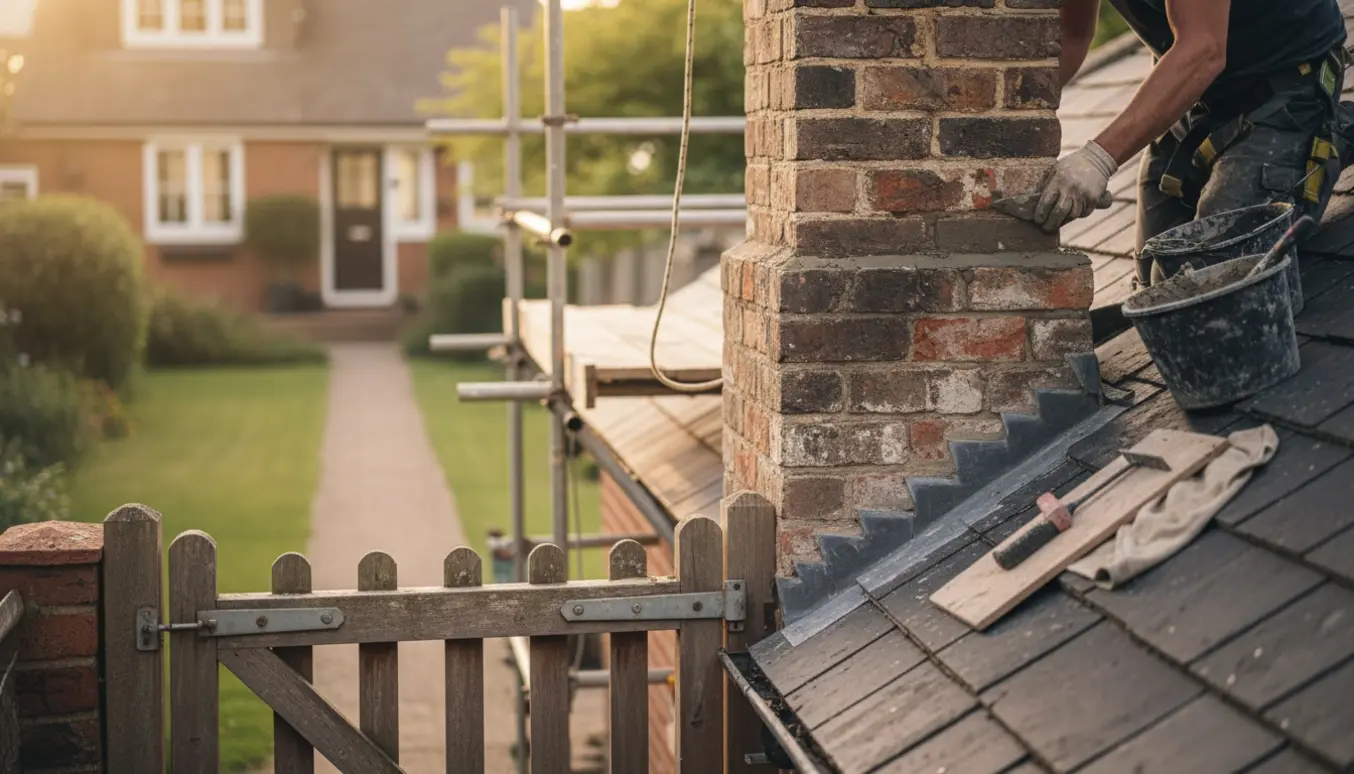 Skorstensfuger bliver repareret på tagryggen med stige, mørtelbøtte og åben havelåge i forgrunden.