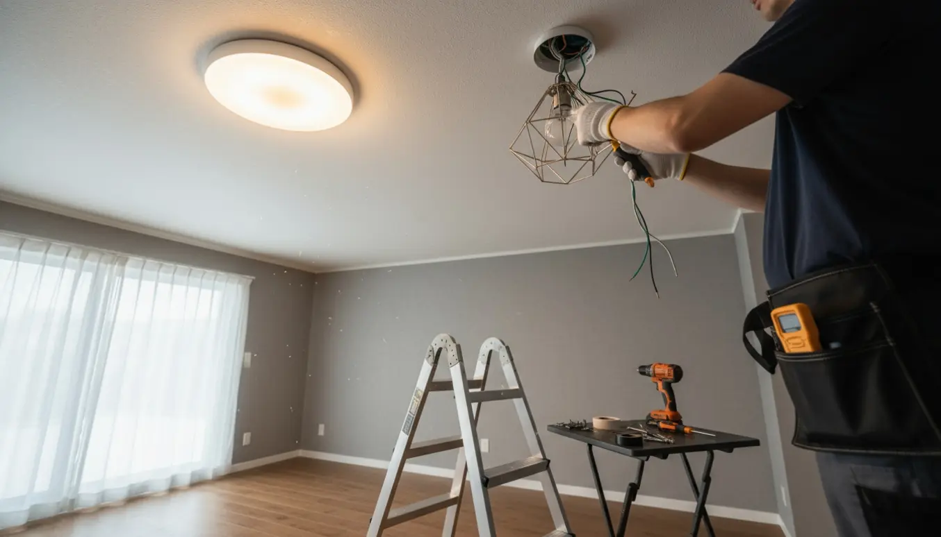 Hænder monterer to loftlamper i et lyst rum med stige og elværktøj.