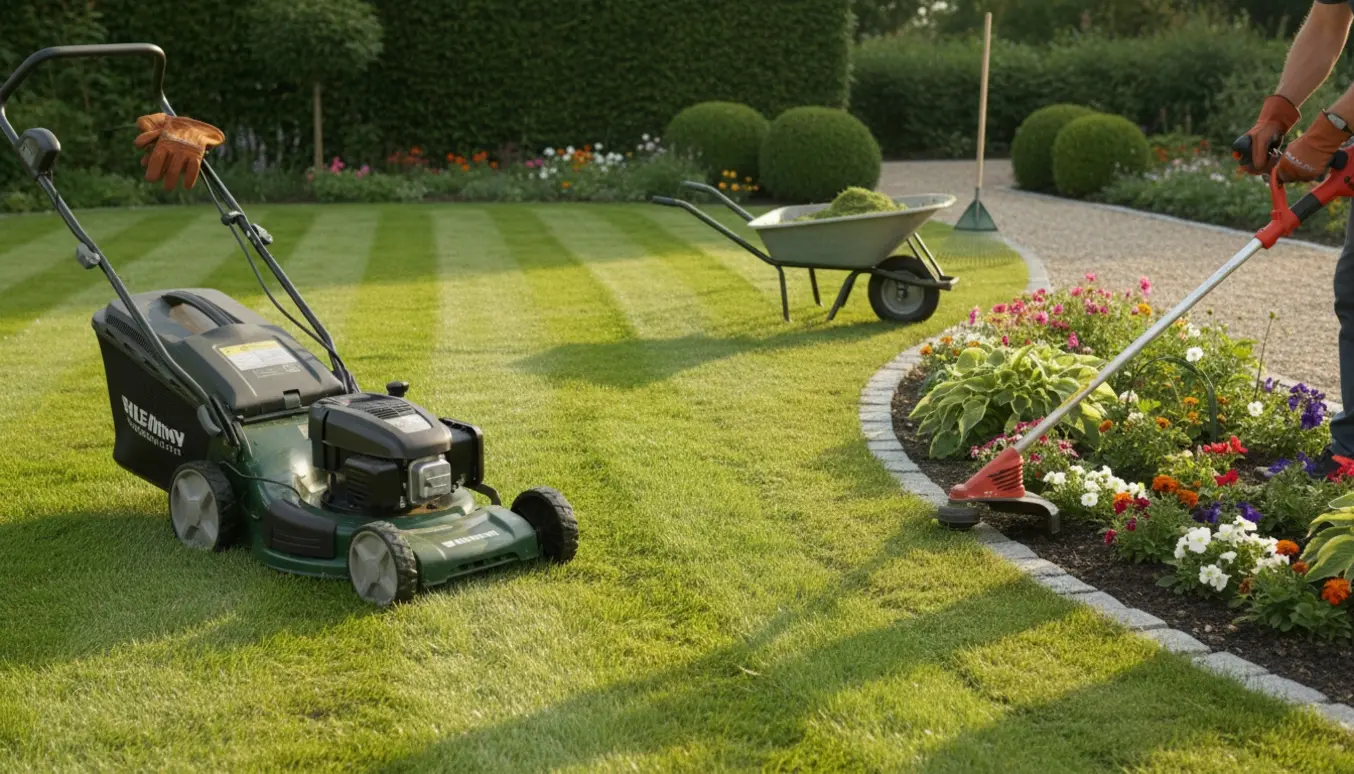 Nyslået stor have med stribede plæner og en nytrimmet kant langs en stensti.