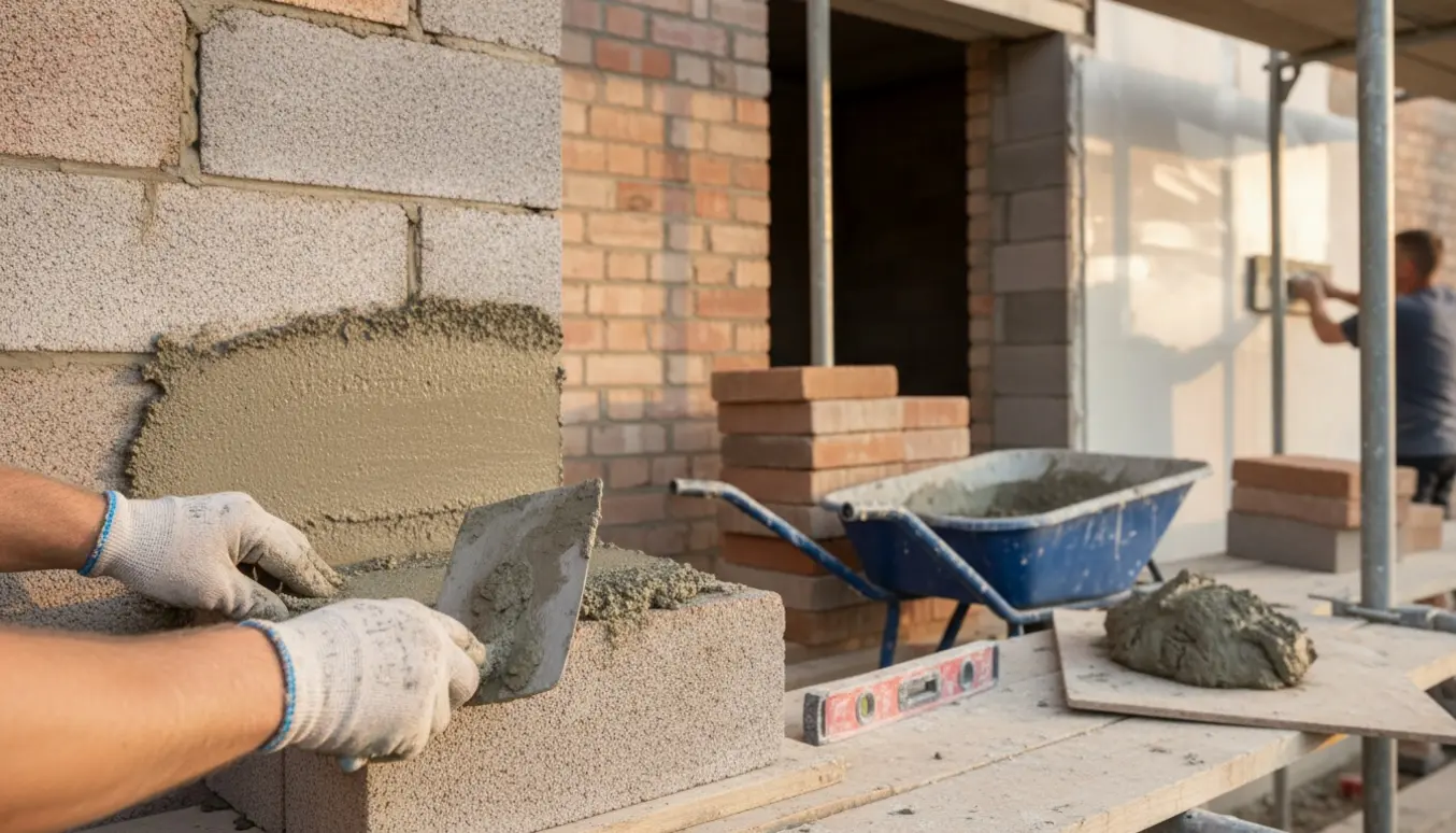 Nærbillede af murerarbejde med multiblokke og en hånd, der spreder mørtel, mens en pudser udglatter væggen.