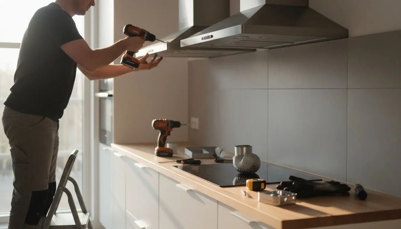 Håndværker hænger en rustfri emhætte op i et lyst skandinavisk køkken med værktøj på bordet.