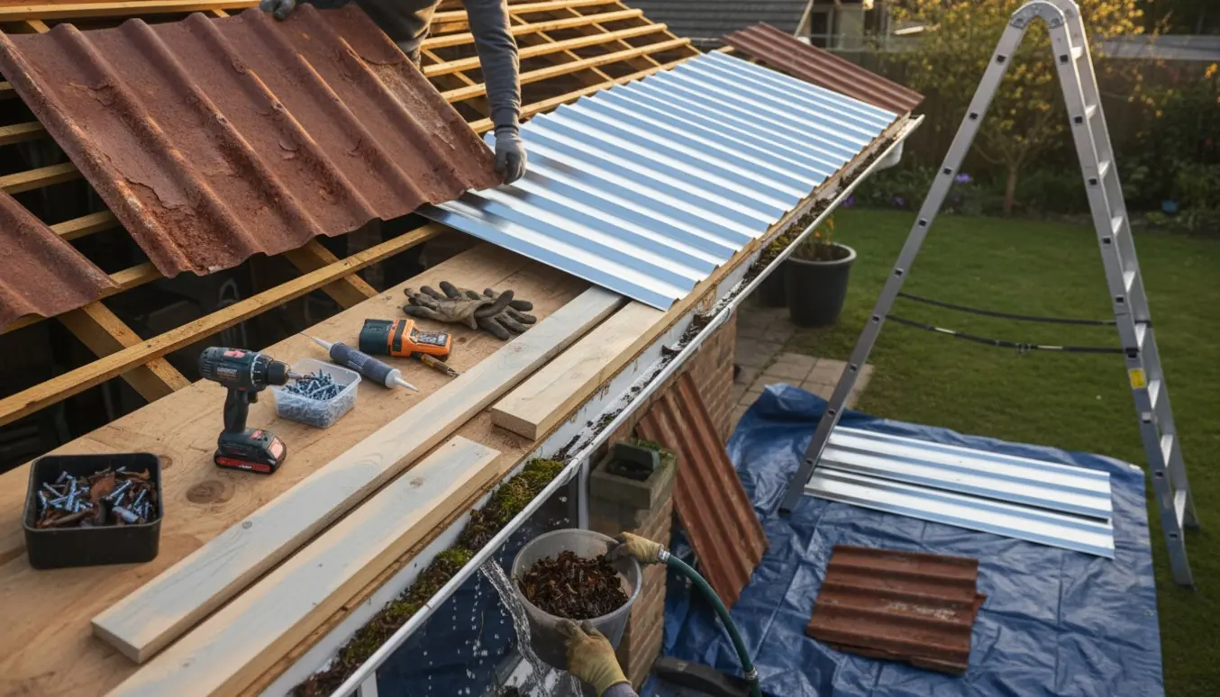 Udskiftning af fem trapezplader på en tilbygning med nye plader, to nye sternbrædder og renset tagrende.