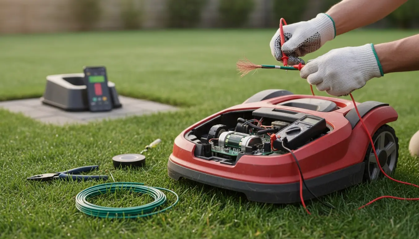 Hænder i handsker reparerer en robotplæneklippers beskadigede kabel med multimeter og værktøj i en solrig baghave.
