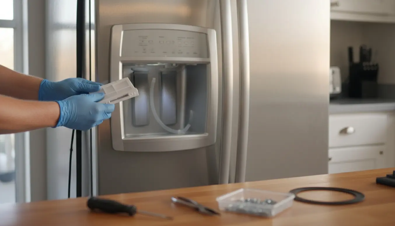 Nærbillede af hænder, der monterer en ny klap til is- og vandedispenser på et amerikansk køleskab.