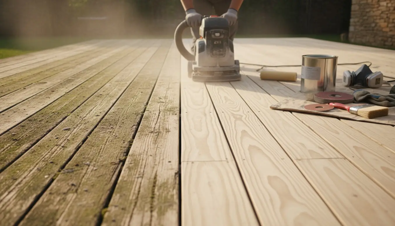 Delvist slebet åben træterrasse med før-og-efter-contrast og værktøj klar til imprægnering.