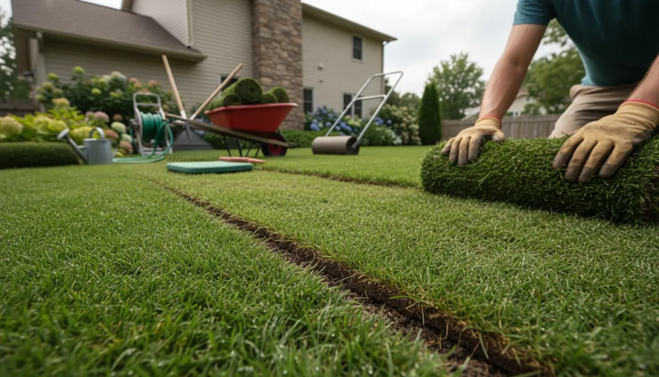 Rullegræs lægges ud i en forhave med ruller, rive, skovl og vandslange.