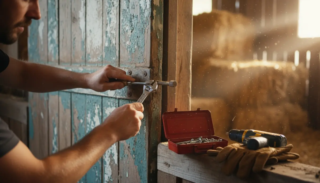 Nærbillede af hænder, der spænder et løst nederste håndtag på en stalddør med skruetrækker i et soloplyst staldmiljø.
