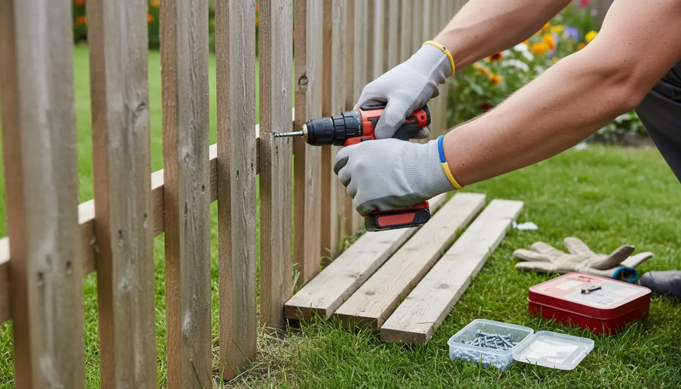 Hænder bruger en boremaskine til at skrue løse rafte på plads i et træhegn i haven.