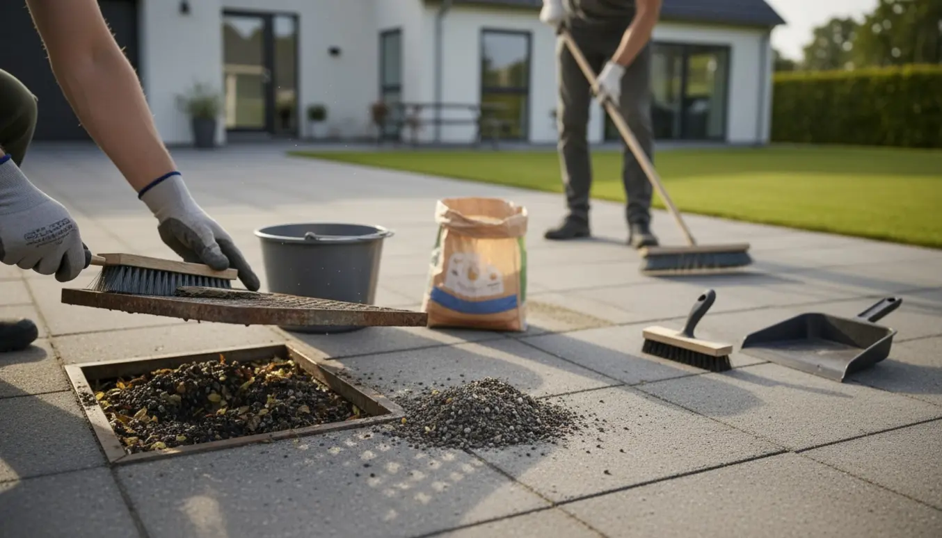 Nærbillede af renset afløbsrist og fejning af udendørs fliser med påfyldning af fuge-sand ved indkørsel.
