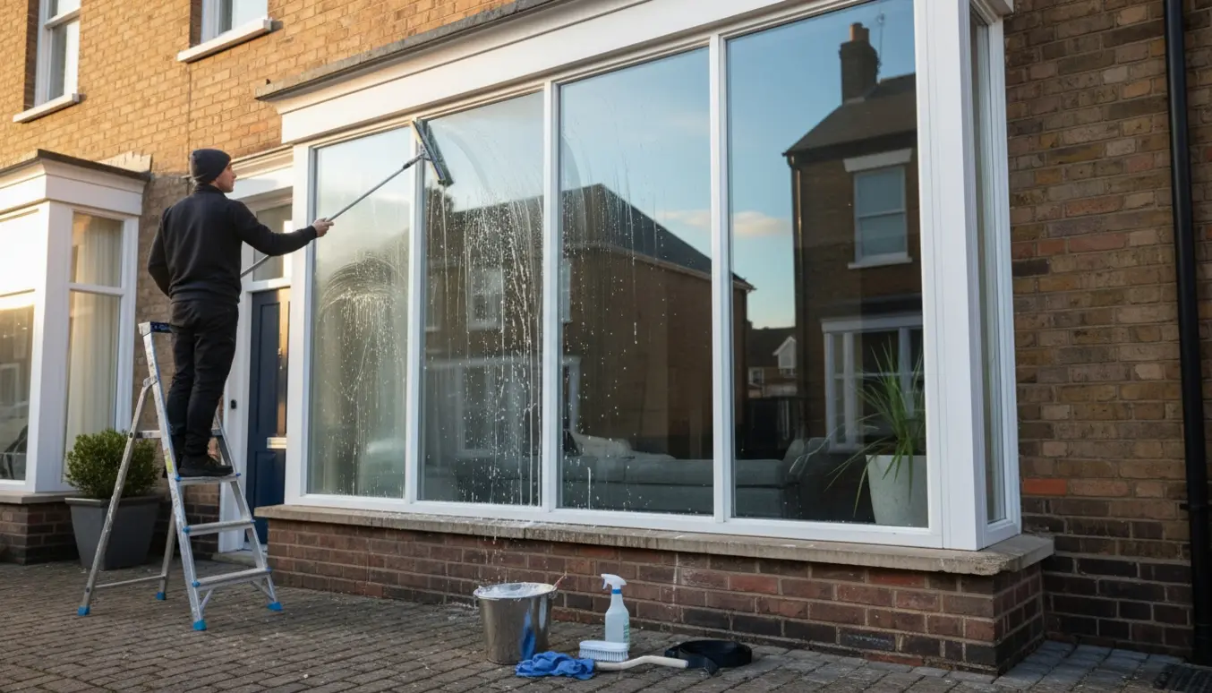 To-etagers rækkehus med store vinduer, hvor en vinduespudser fra ryggen pudser glasset med forlængerstang og spand.