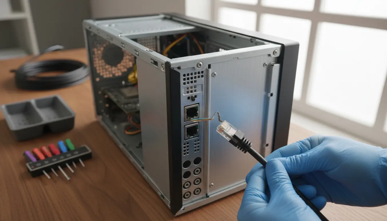 Åben stationær PC med defekt Ethernet-stik og en løs kabel på et værkstedsbord.