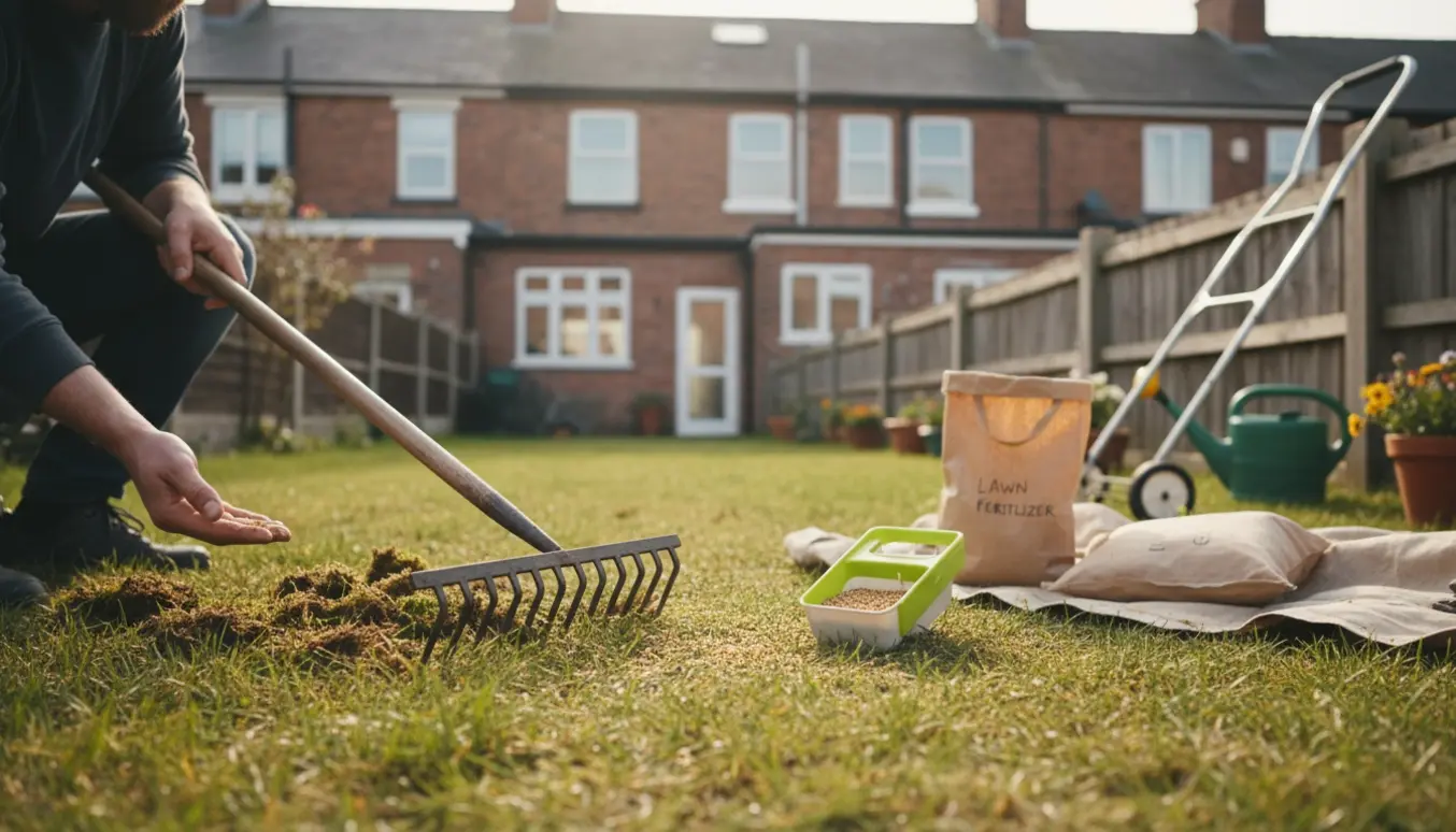 Nærbillede af en lille rækkehusgræsplæne, hvor hænder raker mos væk og strør græsfrø og gødning.