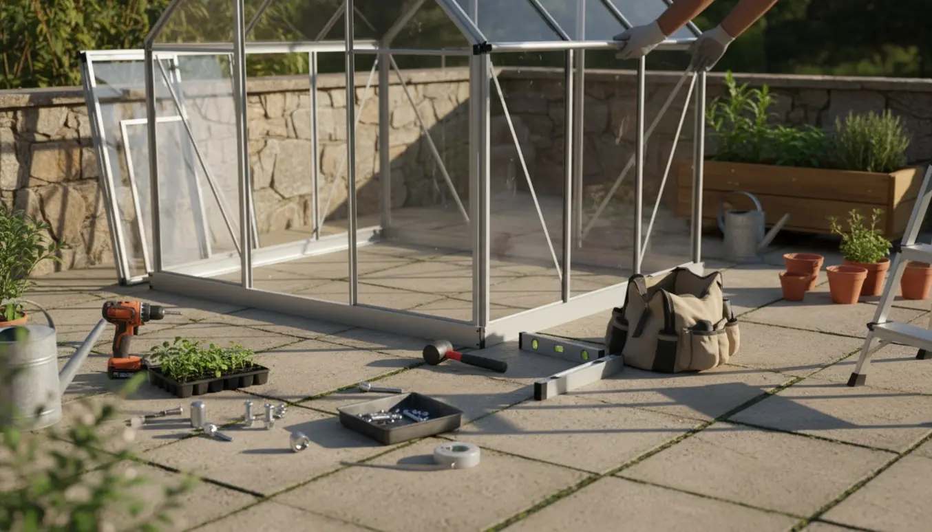 Halvfærdigt drivhus monteres på en stenbelagt terrasse med værktøj, stige og potteplanter omkring.