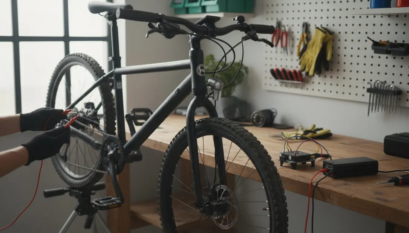 Tæt foto af elcykel på værksted med frakoblet controller, mørkt display og multimeter på batteriet.