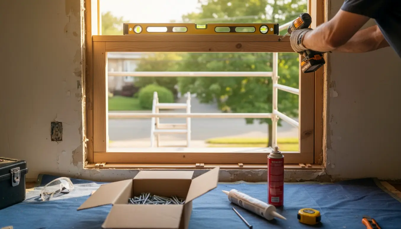 Hænder monterer et nyt trævindue på første sal med boremaskine, vaterpas og værktøj i dagslys.
