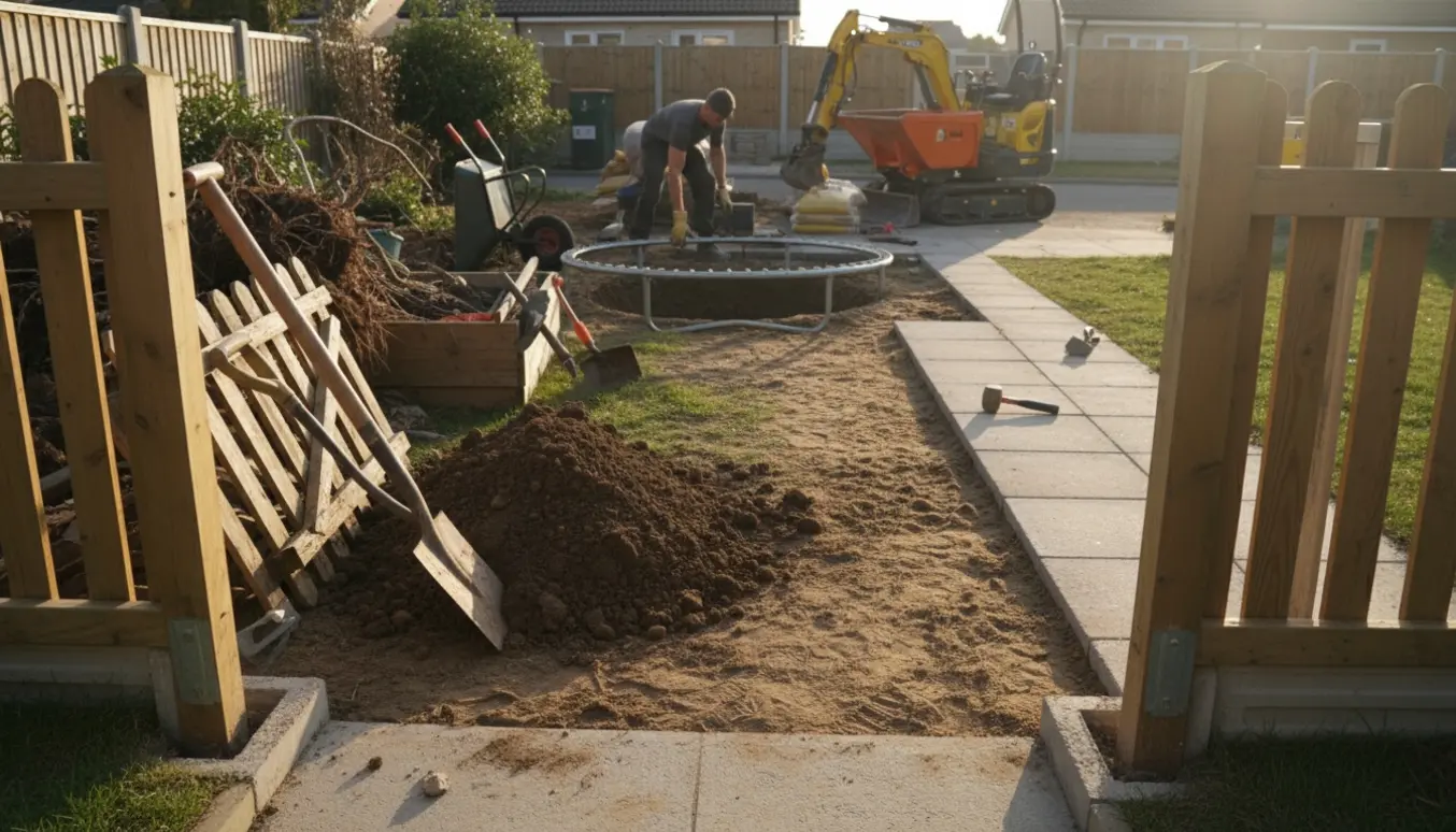 Halvfærdig trampolin i en lille have med jord, værktøj og en smal havelåge, mens fliser lægges ved siden af.