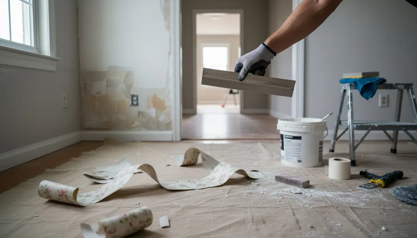 Hænder spartler og foretager filtning af vægge efter tapetfjerning i et rum med åben gang.