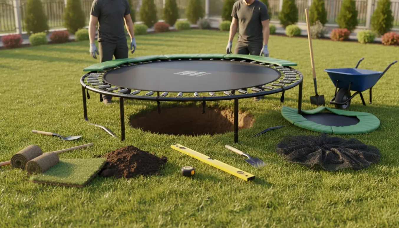 Delvist nedgravet mellemstor børnetrampolin i en villahave under installation med skovl, trillebør og jord omkring.
