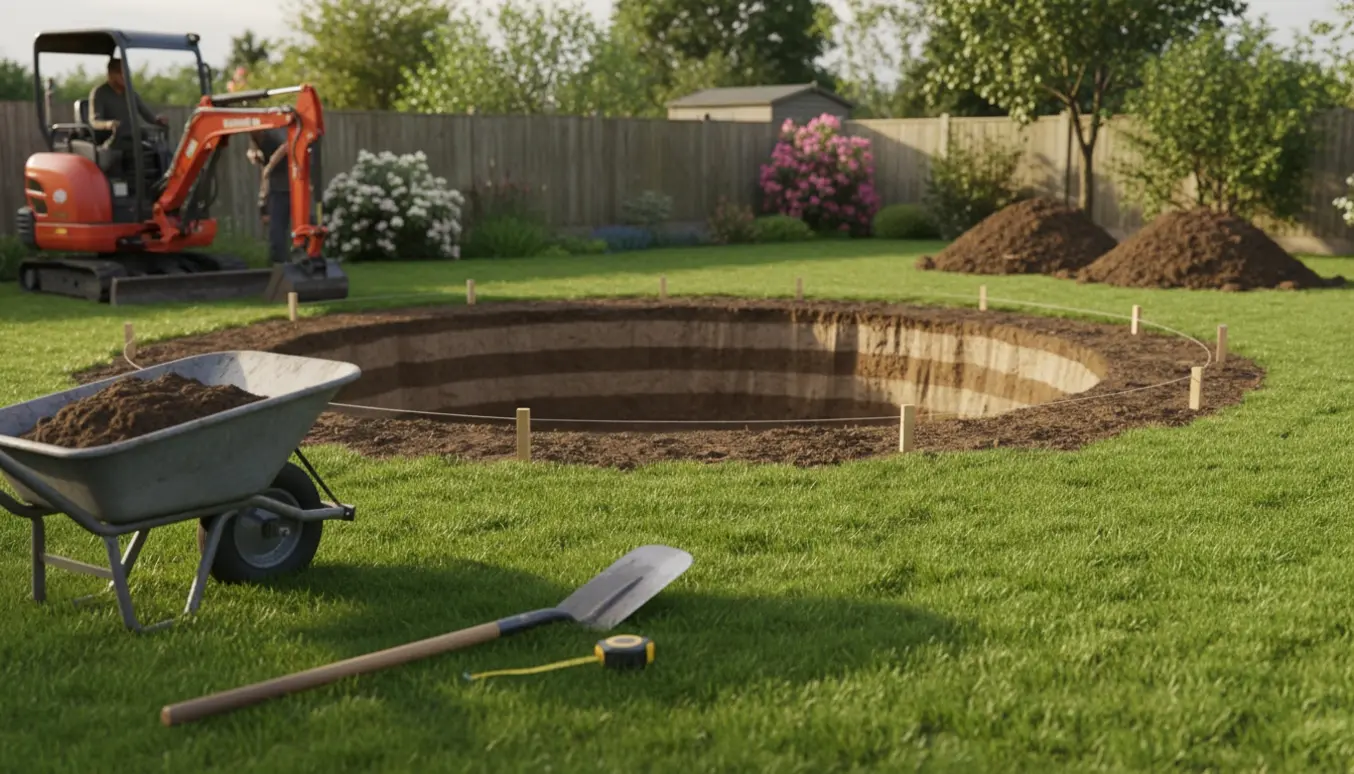 Fersk udgravning til pool i en baghave med værktøj og jordbunker ved enden af haven.