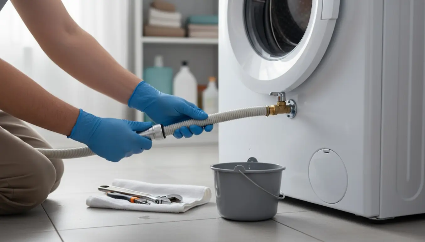 Hænder ved en afmonteret vandtilførselslange bag en hvid vaskemaskine i et lyst vaskerum.