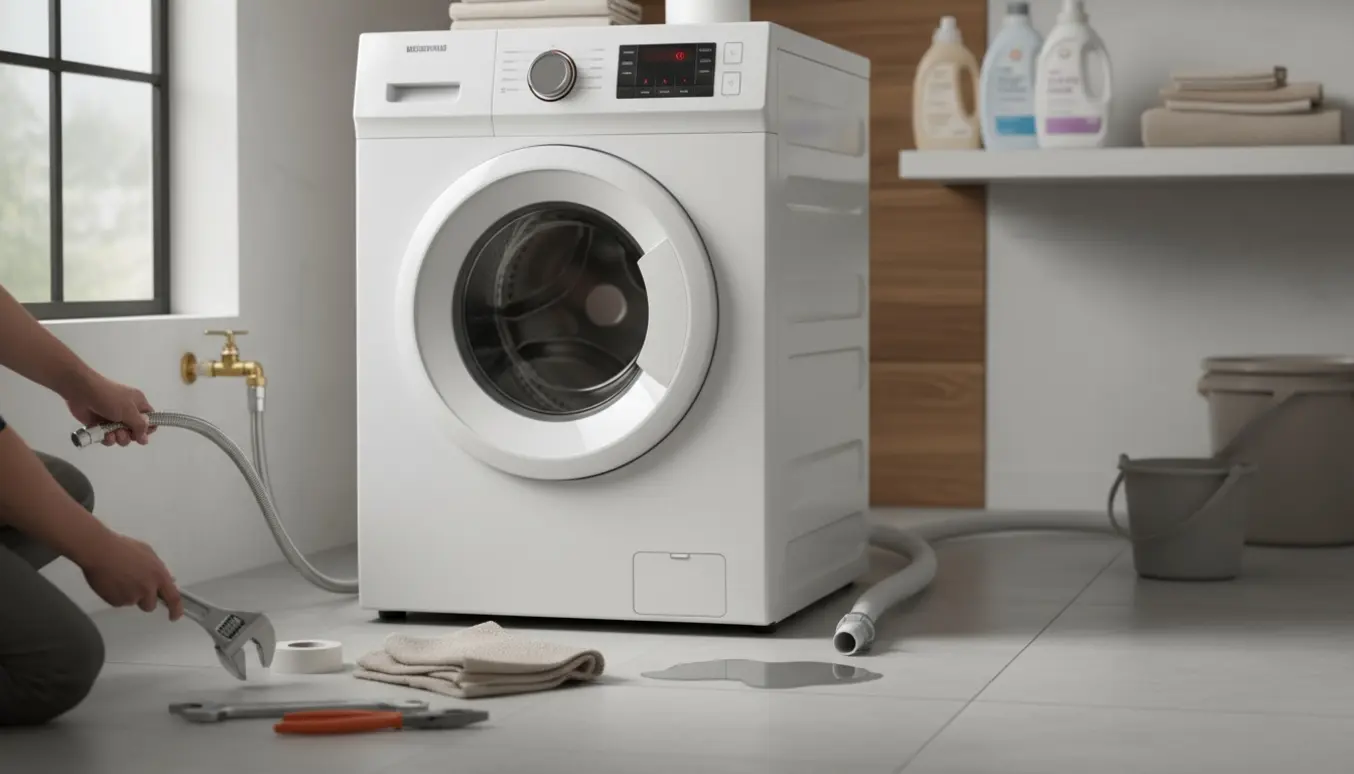 Hænder tilslutter vaskemaskinens vandforsyning ved en nyinstalleret vaskemaskine med et rødt indikatorlys på panelet.
